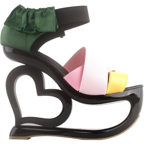 story black green yellow pink strappy ruffle heart heel wedge bridesmaid wedding sandals dress shoes